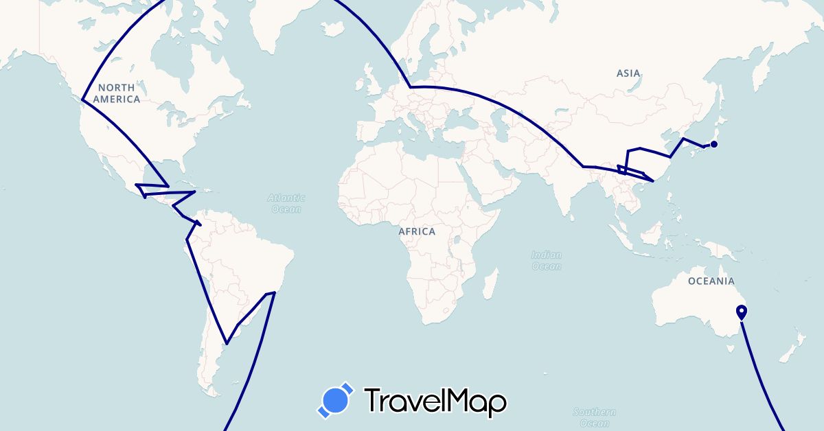 TravelMap itinerary: driving in Argentina, Australia, Brazil, Bhutan, Canada, China, Colombia, Germany, Ecuador, Jamaica, Japan, South Korea, Mexico, Nicaragua, Nepal (Asia, Europe, North America, Oceania, South America)